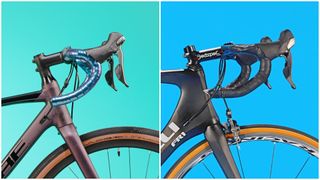 Image shows the shifters of modern Tiagra vs 10-speed Ultegra