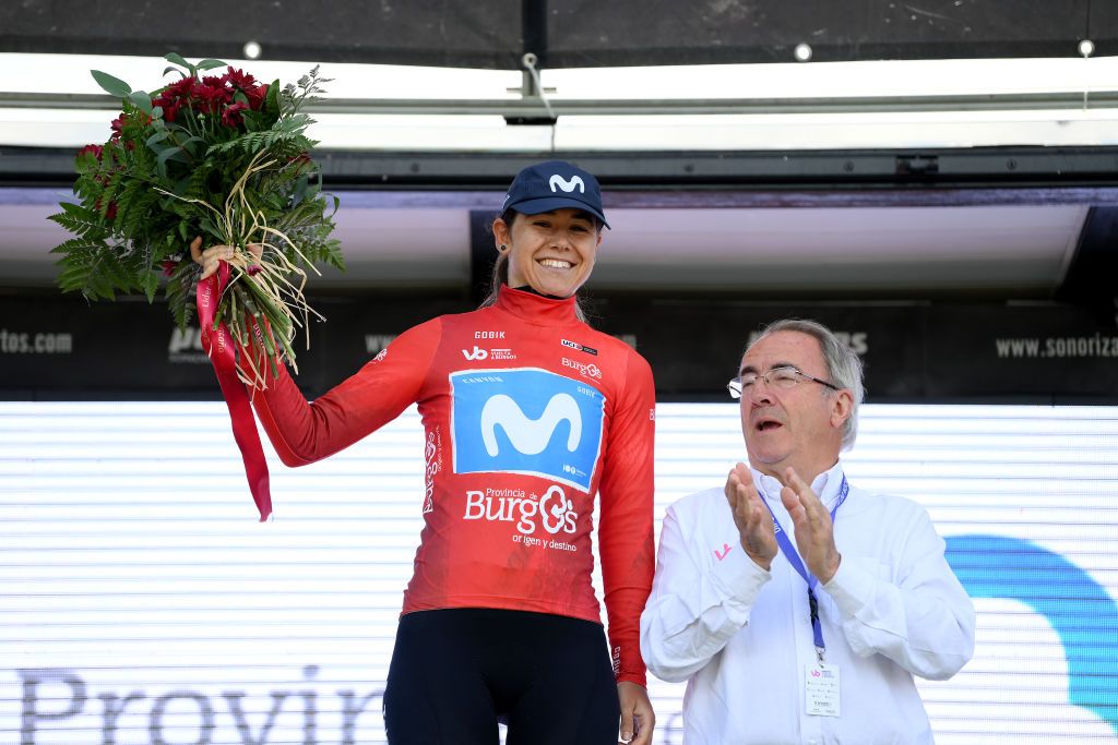 ALTO DE ROSALES SPAIN MAY 17 Sara Martin of Spain and Movistar Team celebrates at podium as Red Mountain Jersey winner during the the 9th Vuelta a Burgos Feminas 2024 Stage 2 a 123km stage from Briviesca to Alto de Rosales 790m on UCIWWT May 17 2024 in Alto de Rosales Spain Photo by Alex BroadwayGetty Images