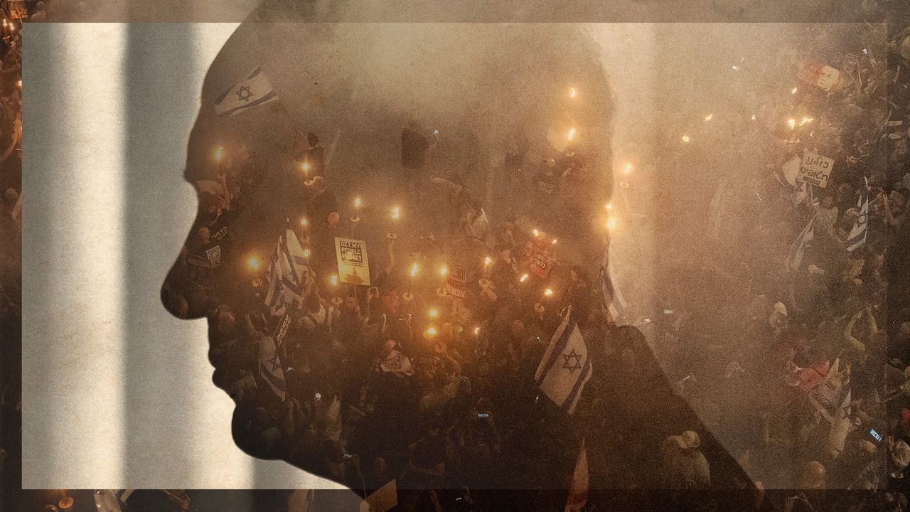 Photo collage of crowds of protesters with torches in Tel Aviv, superimposed over the top of Benjamin Netanyahu&#039;s silhouetted face.