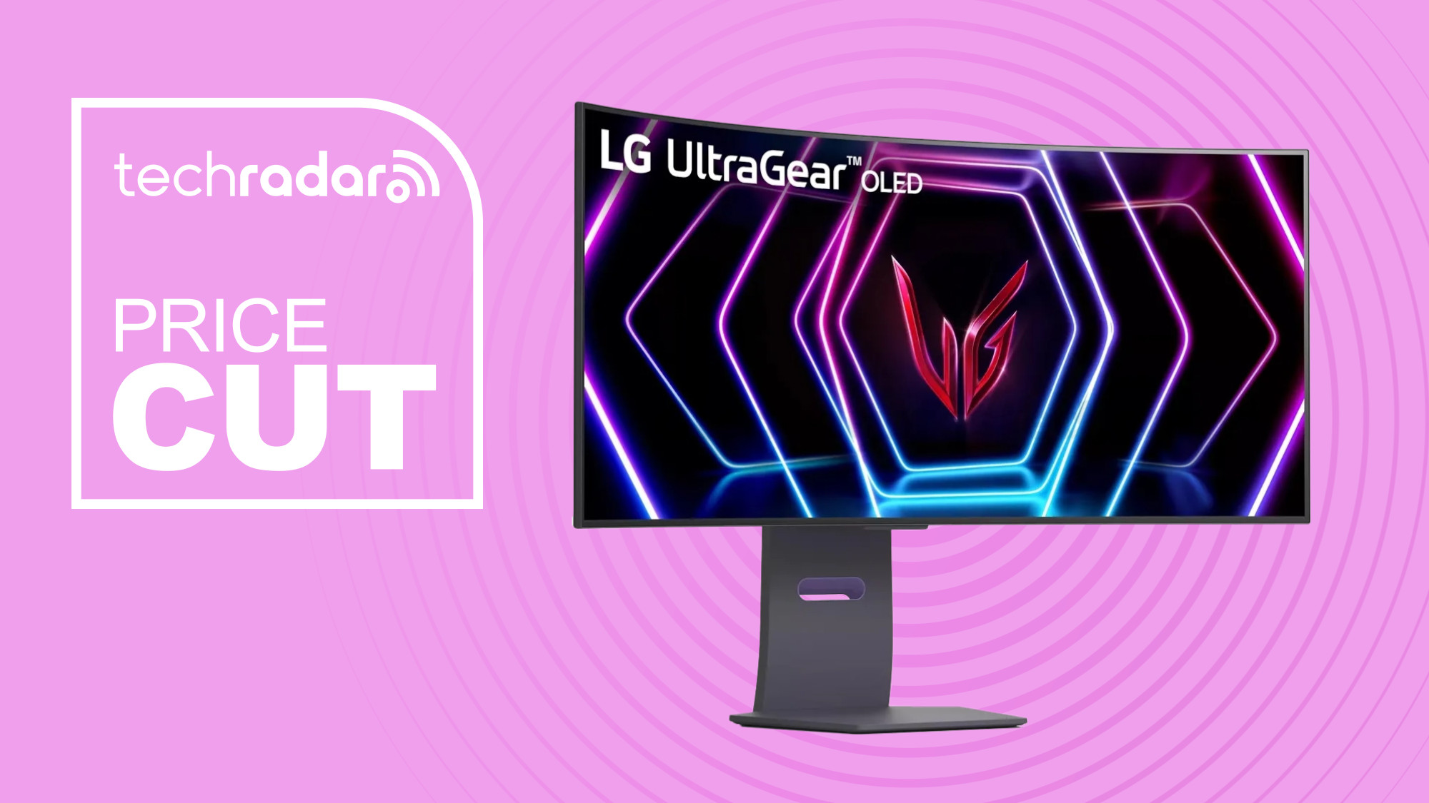 LG 34GS95QE-B gaming monitor on pink background with price cut text overlay