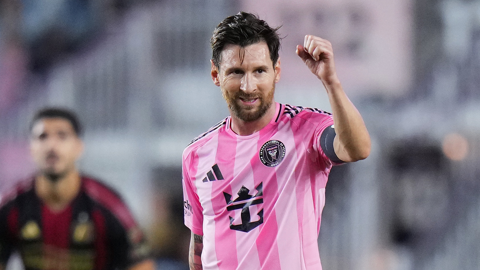 Lionel Messi celebrates scoring Inter Miami&#039;s first goal against Atlanta United in October 2025