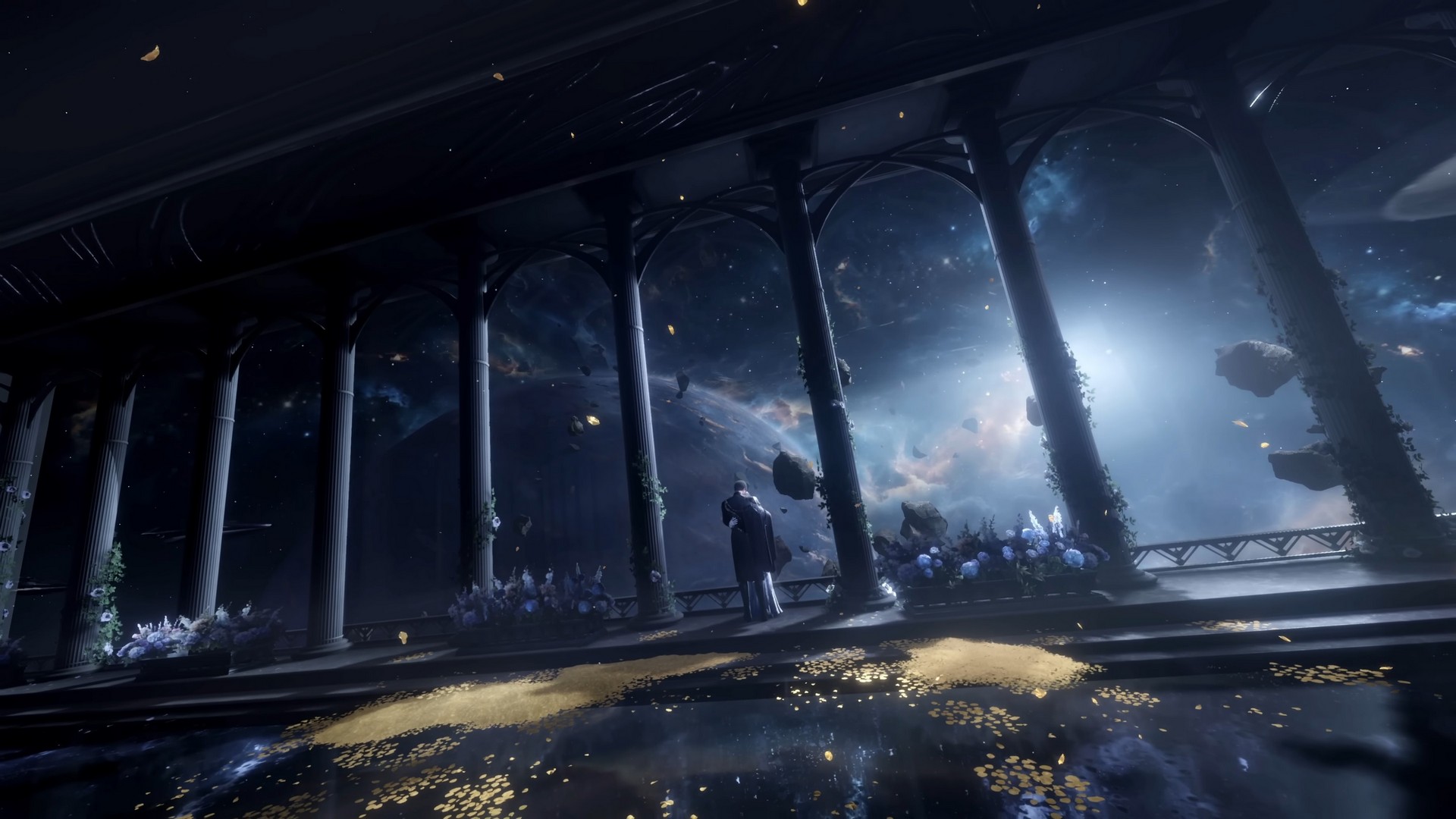 Embracing in a space palace during the Love and Deepspace Throne of Eros event