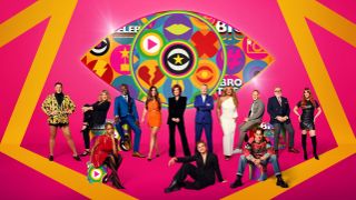 The Celebrity Big Brother 2024 contestants stoof in front of the new show logo