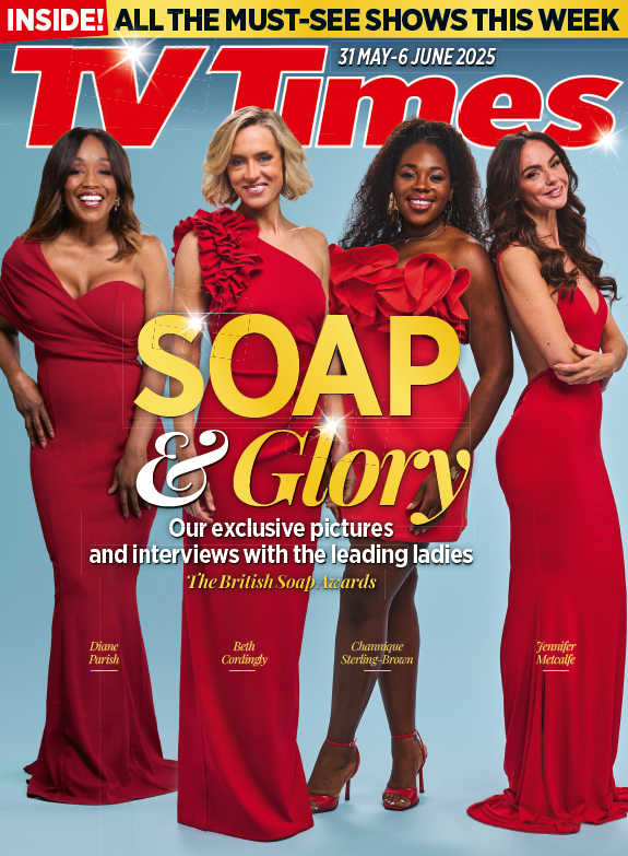 Diane Parish, Beth Cordingly, Channique Sterling-Brown and Jennifer Metcalfe all in red dresses on the cover of TV Times magazine.