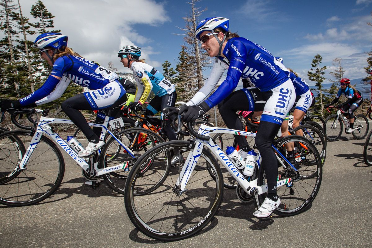 Laura Brown (UnitedHealthcare) rides with eventual race winner and teammate Katie Hall.