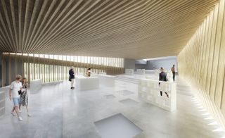 Architects design of large display space with white podiums, glass floor inserts and wooden beamed ceiling