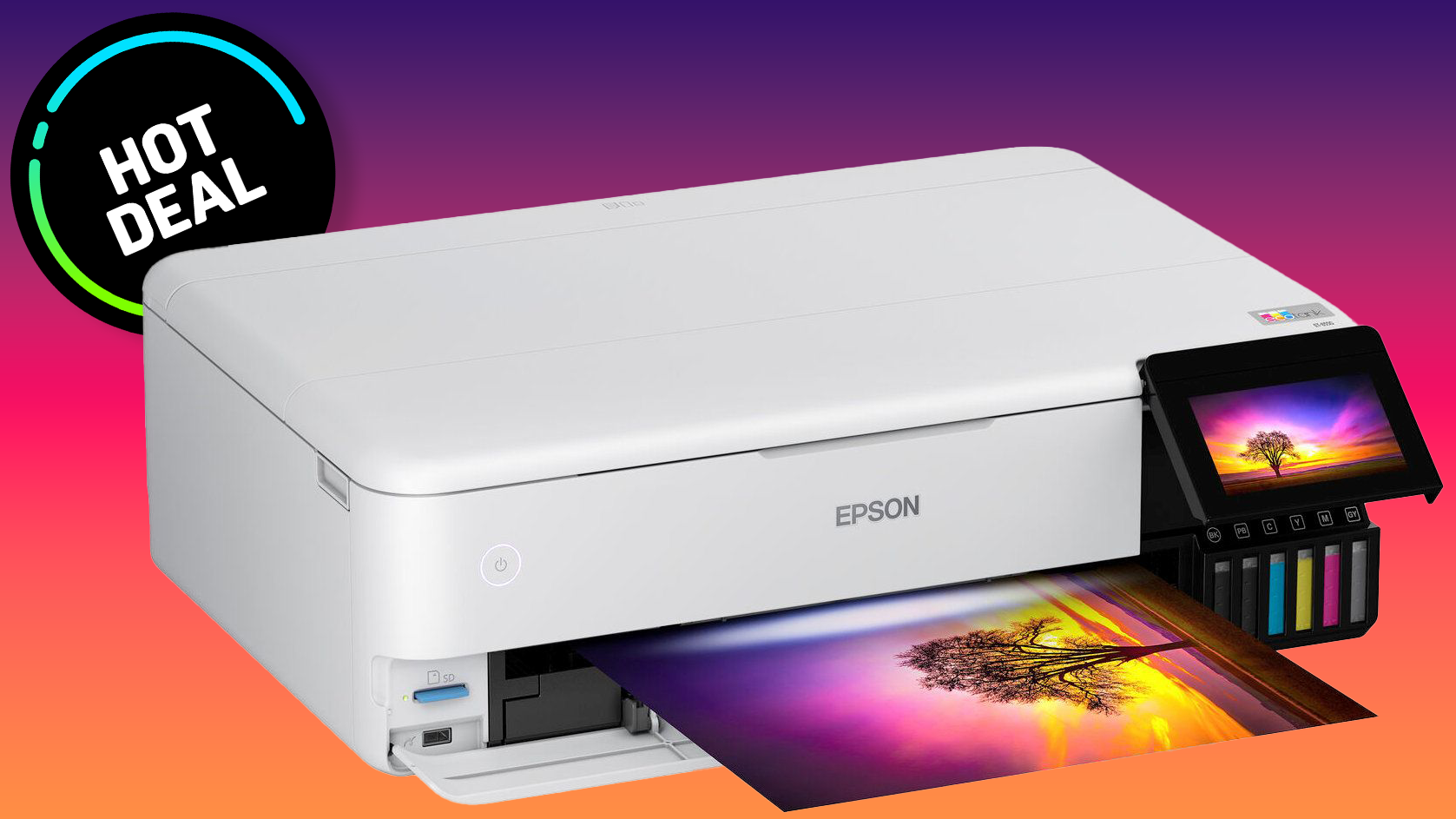 Epson ET-8550 printer on purple-to-orange background with Hot Deal sticker