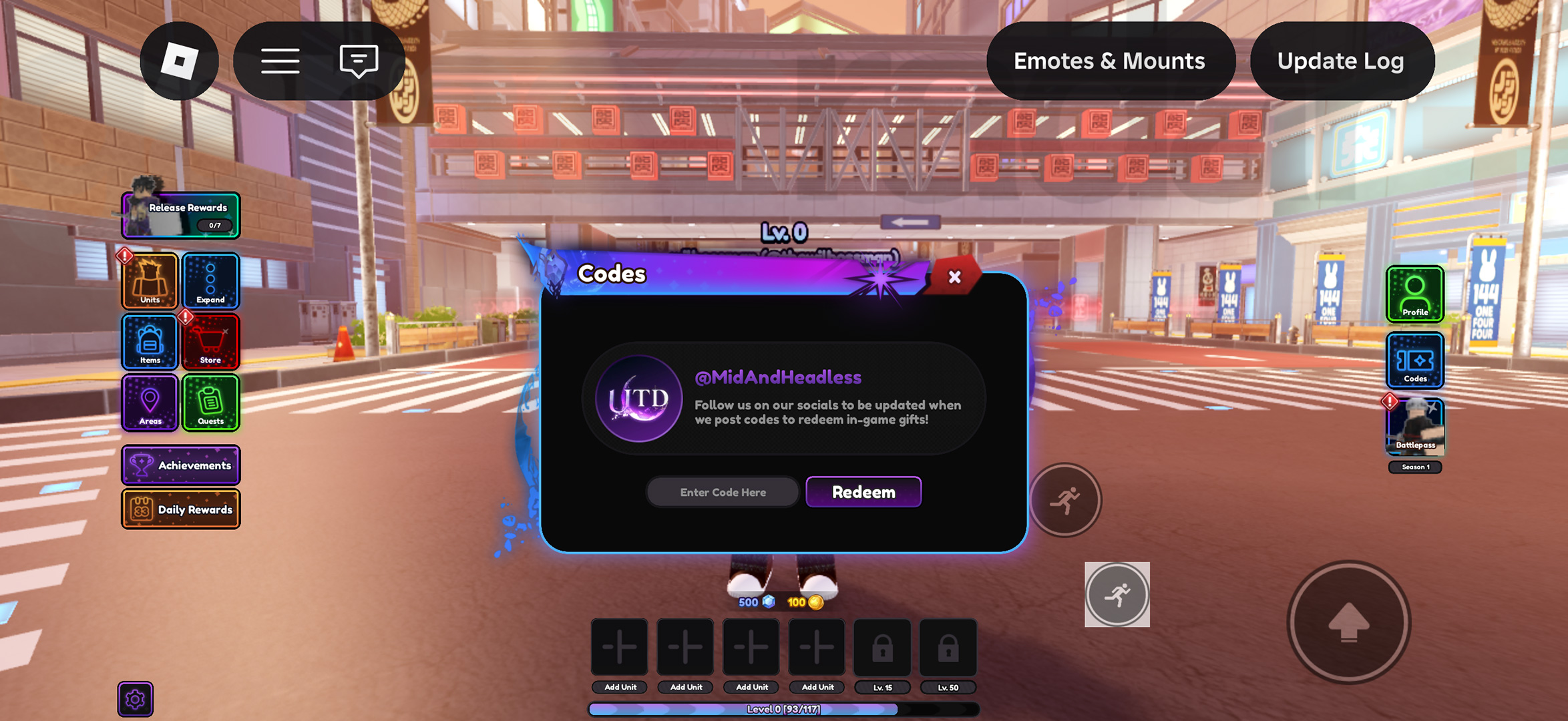 The Universal Tower Defense codes screen