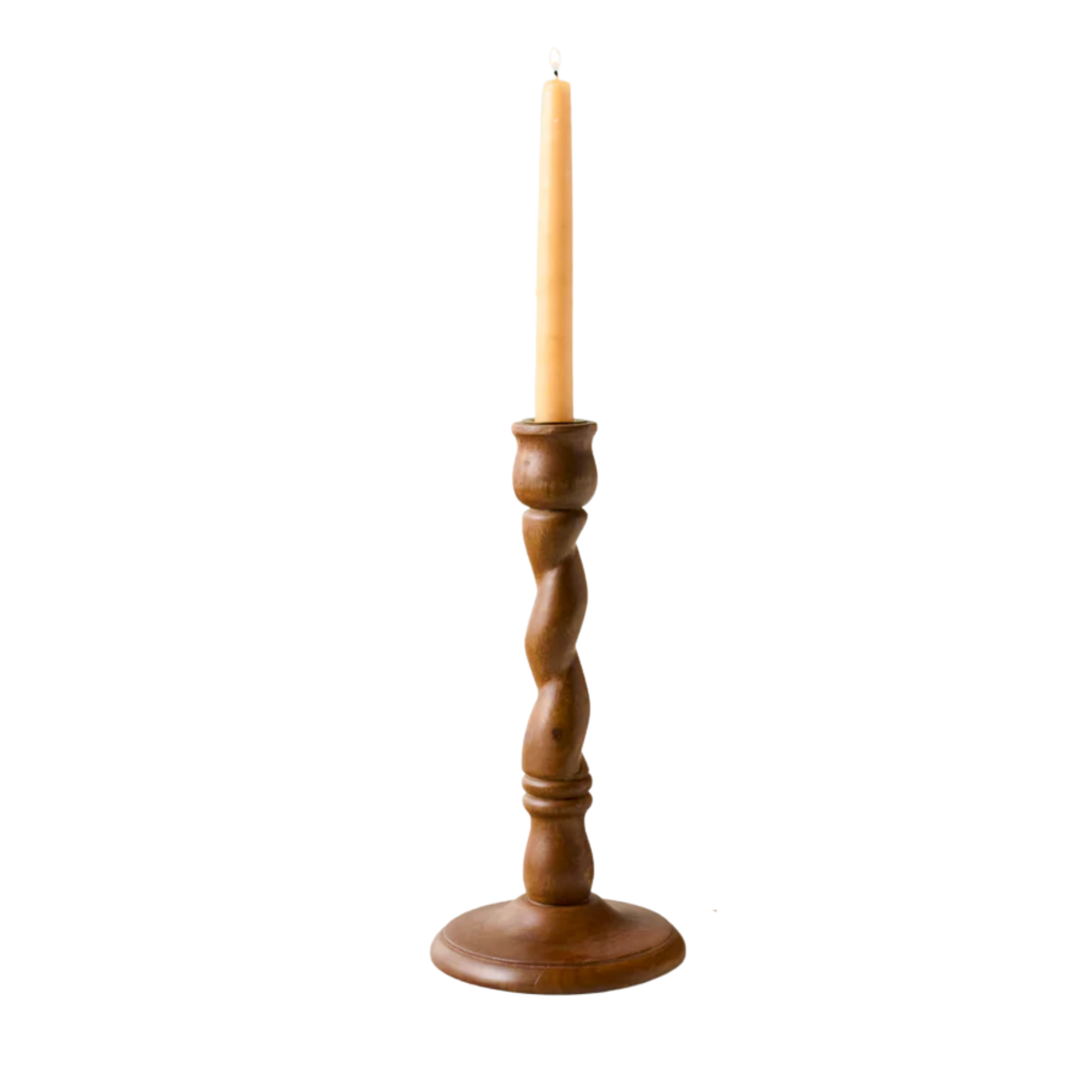 a candle holder with a twisted wood base