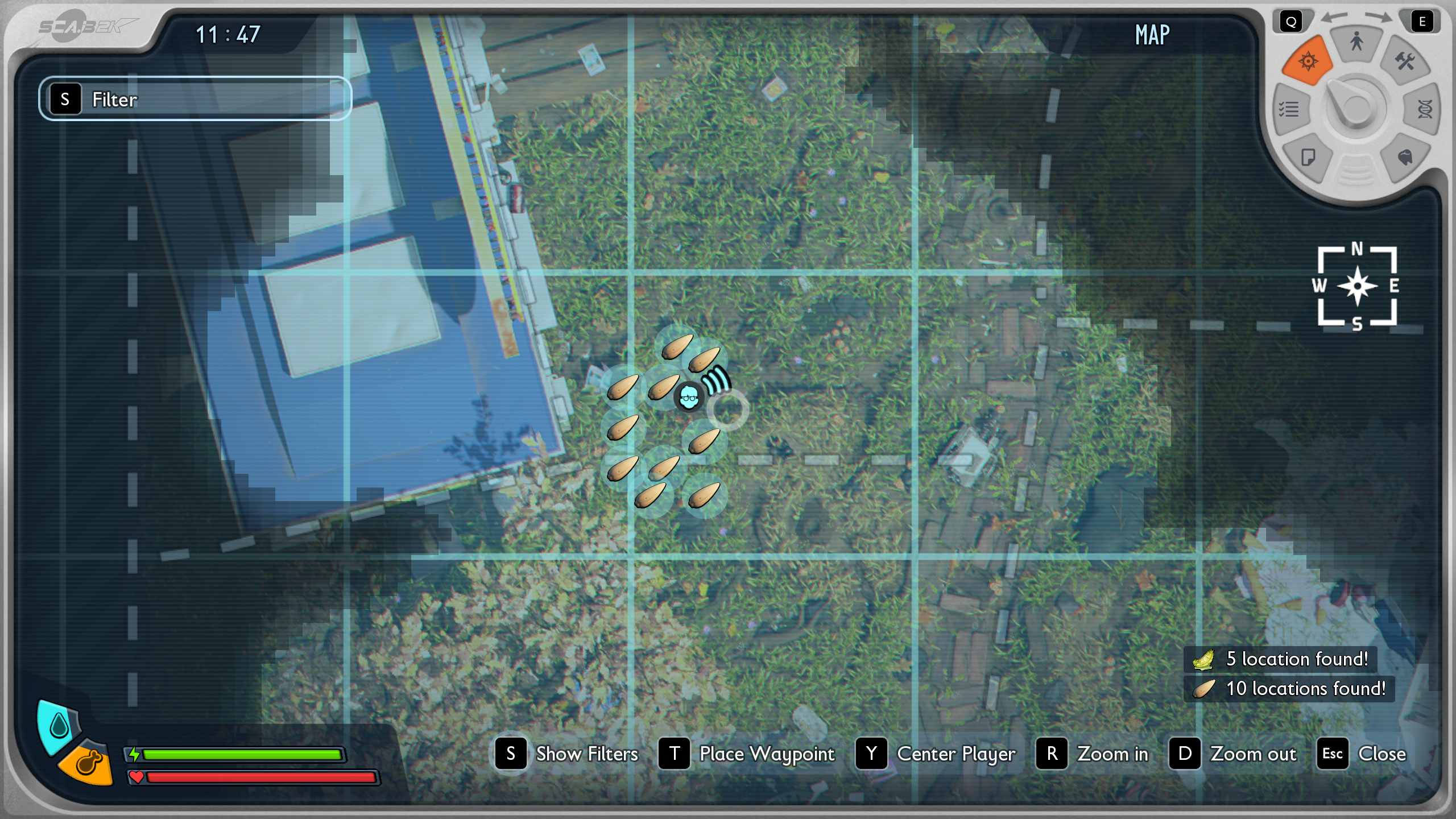 Grounded 2 grass seeds: A map showing the locations of grass seeds outside the Snackbar.