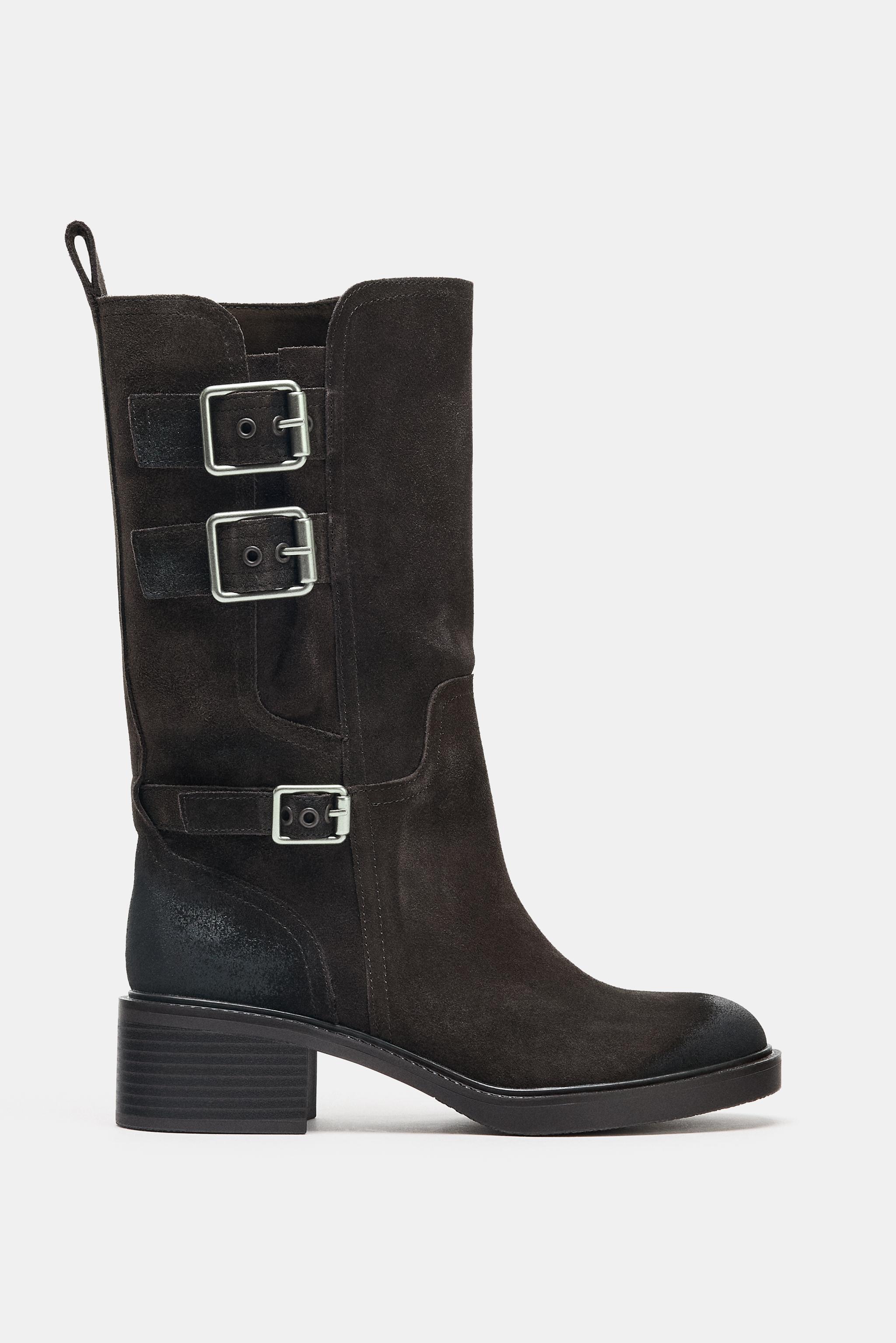 Buckled Split Leather Ankle Boots
