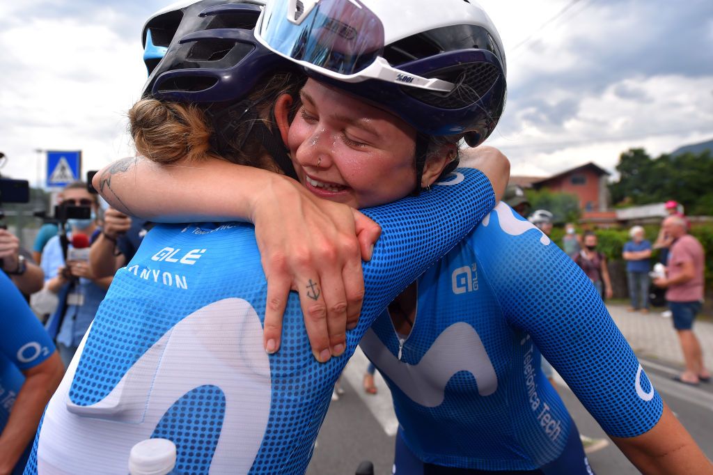 COLICO ITALY JULY 07 Emma Norsgaard Jorgensen of Denmark stage winner celebrates Sara Martin Martin of Spain and Movistar Team at arrival during the 32nd Giro dItalia Internazionale Femminile 2021 Stage 6 a 155km stage from Colico to Colico GiroDonne UCIWWT on July 07 2021 in Colico Italy Photo by Luc ClaessenGetty Images