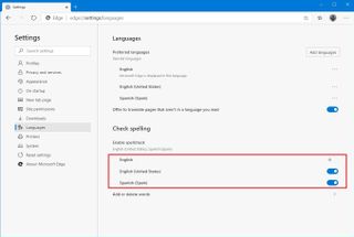 Microsoft Edge enable and disable language check spelling settings
