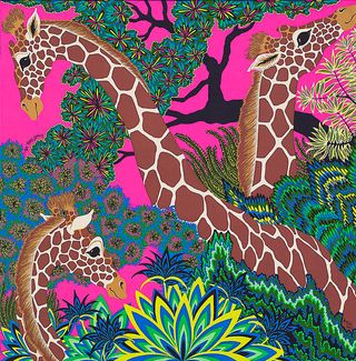 Hermes scarf with giraffes on hot pink background