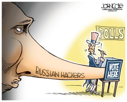 Political cartoon U.S. 2016 election Russian hackers