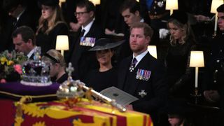 The Duchess of Sussex, the Duke of Sussex, Princess Charlotte, and the Princess of Wales during the Committal Service for Queen Elizabeth