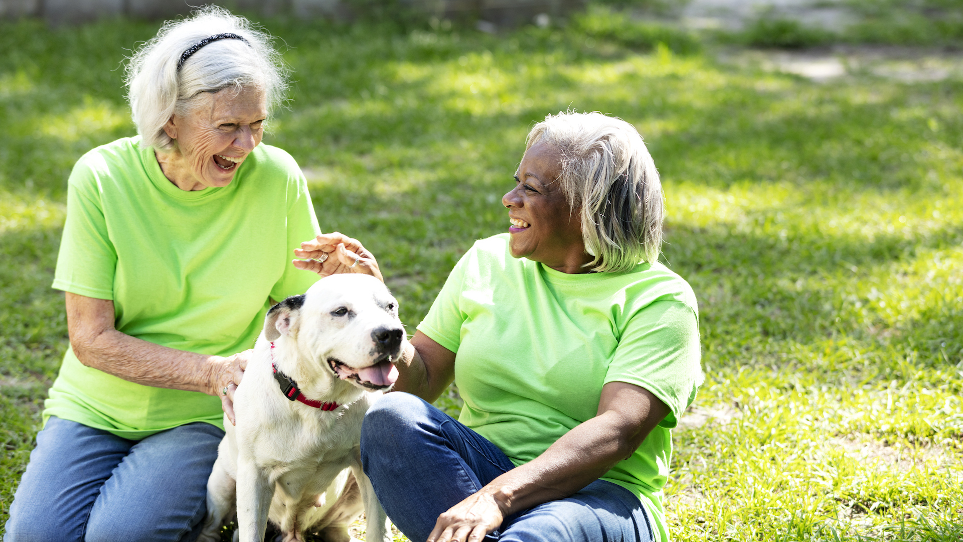 Two women laughing with dog at animal shelter