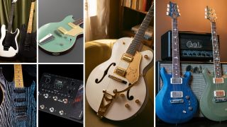 Charvel guitar, Yamaha Revstar, Gretsch Synchromatic, PRS S2 Mira 591, Vola guitar, Mooer multi-effects
