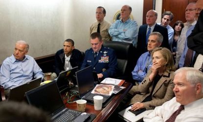 President Obama and his national security team monitor the bin Laden mission as it unfolds Sunday: The issue of how much credit Obama should get for taking out Public Enemy No. 1 has become t