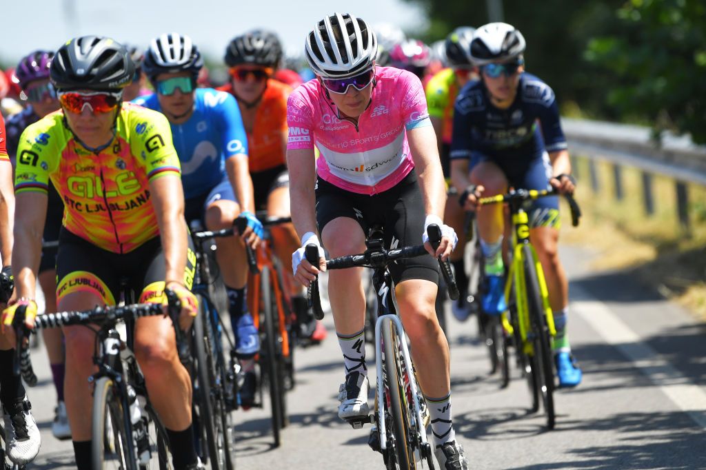 CARUGATE ITALY JULY 06 Anna Van Der Breggen of Netherlands and Team SD Worx Pink Leader Jersey during the 32nd Giro dItalia Internazionale Femminile 2021 Stage 5 a 1201km stage from Milano to Carugate GiroDonne UCIWWT on July 06 2021 in Carugate Italy Photo by Luc ClaessenGetty Images