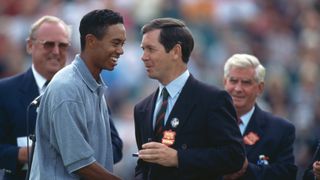 Tiger Woods of the United States receives the Silver Medal for highest placed amateur during the British Open on 21 July 1996 at the Royal Lytham & St Annes Golf Club