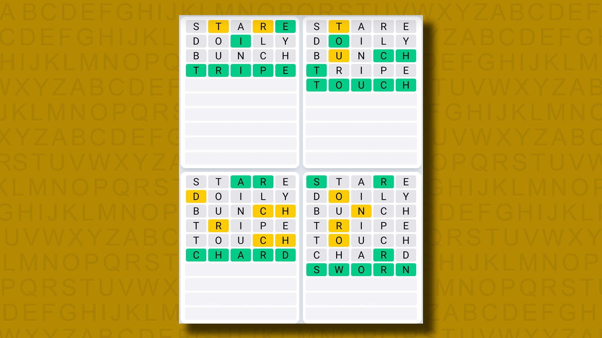 Quordle Daily Sequence answers for game 916 on a yellow background