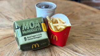 Close-up of a green McDonald's 9 Moa McNuggets box with Halo and Xbox 25th anniversary logos next to fries.