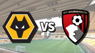 The Wolverhampton Wanderers and AFC Bournemouth club badges on top of a photo of Molineux stadium in Wolverhampton, England