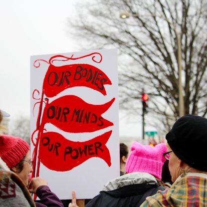 Crowds of women and men holding protest signs march through the streets during the Women's March on Washington, D.C.. Prominent sign says, "Our Bodies, Our Minds, Our Power." Protest. March. Community. Togetherness.