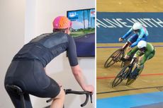 A rider on Zwift and two sprinters racing on the track