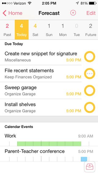 OmniFocus 2 features a Forecast Summary across the top of the screen, which provides a quick overview of tasks due each week
