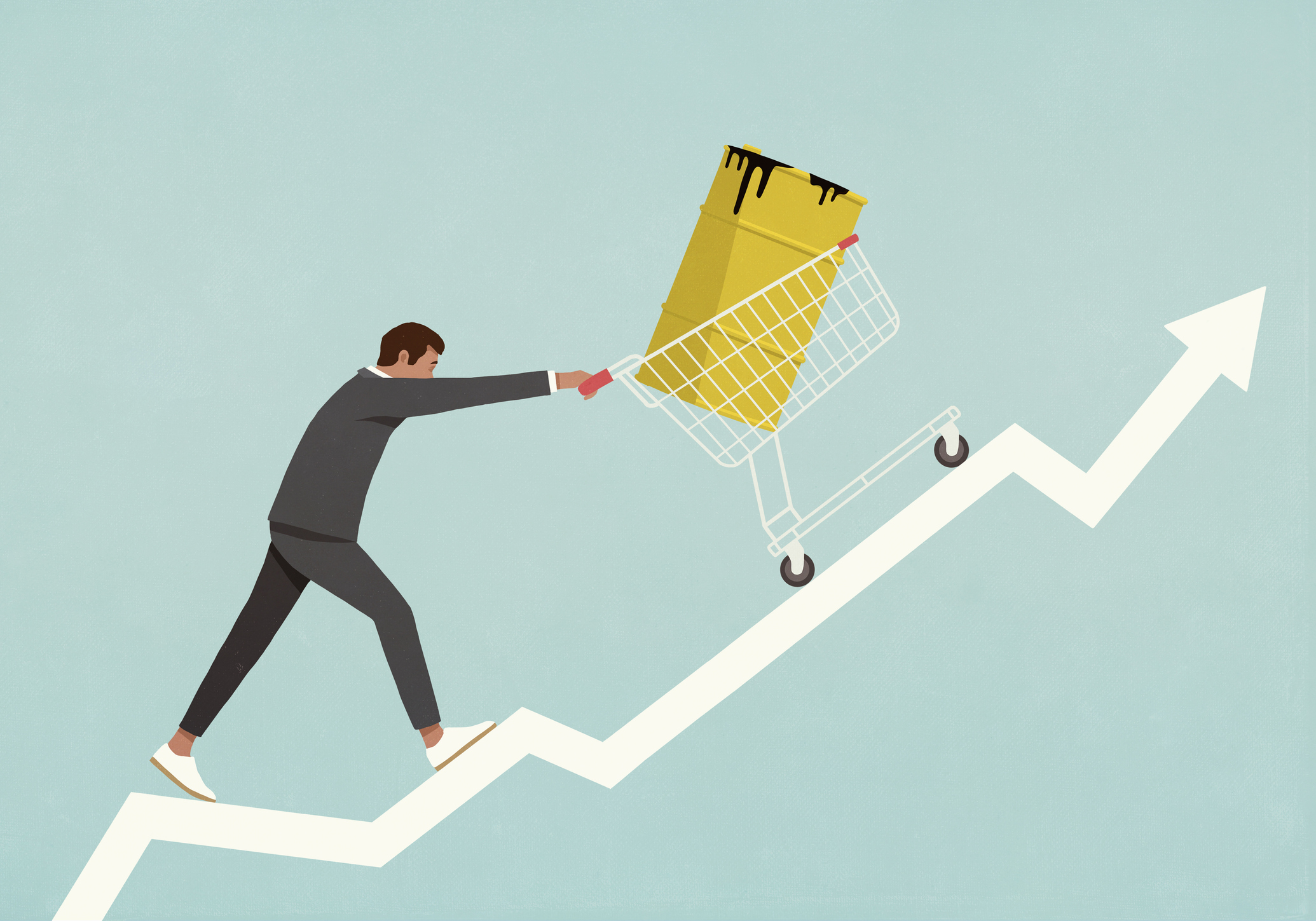 Businessman pushing oil barrel in shopping cart up line graph arrow 
