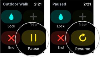 To pause a workout on Apple Watch, tap on the display. Swipe right on the screen to access the Workout app menu. Tap Pause to pause your workout; tap Resume when you're ready to begin the workout again.