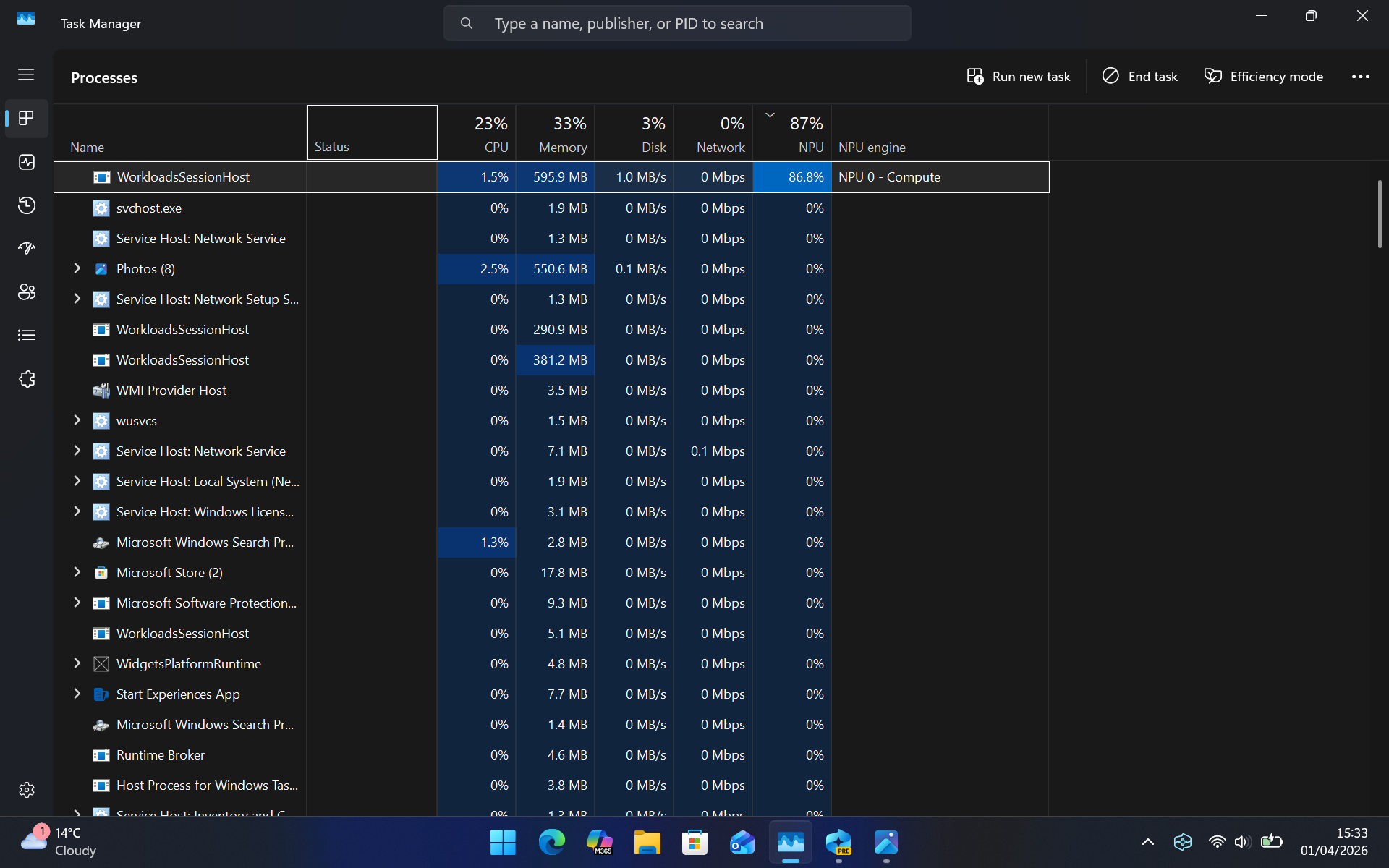 Windows 11 Task Manager NPU usage