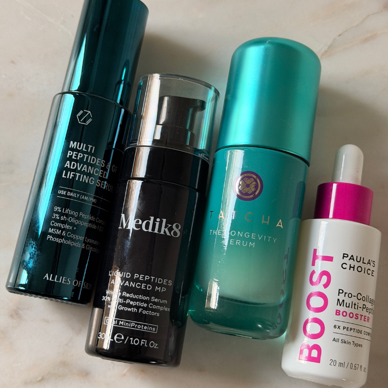 A photo of some of the best peptide serums from Allies of Skin to Medik8 and Tatcha to Paula's Choice