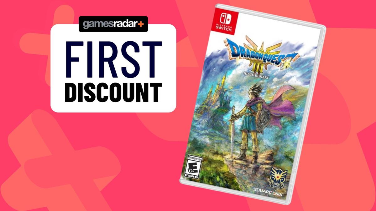 Official image of the Dragon Quest 3 HD 2D Remake Nintendo Switch box art with a GamesRadar pink background.