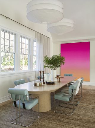 Dining room with bold pink print