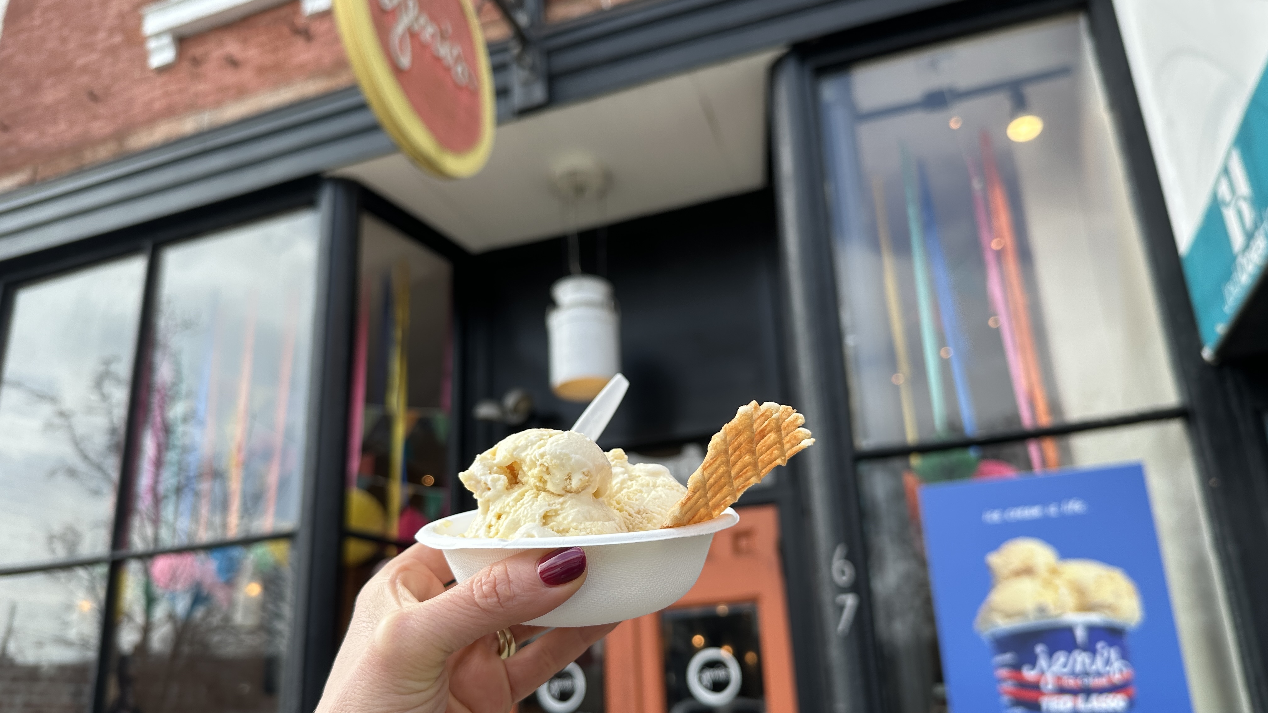 Ted Lasso ice cream in front of the store