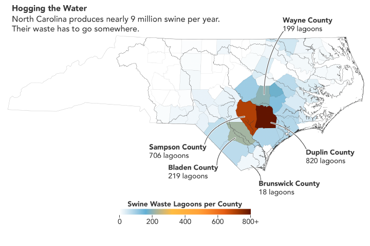 Density of swine waste lagoons in North Carolina, as determined using data from the Landsat 5 satellite.