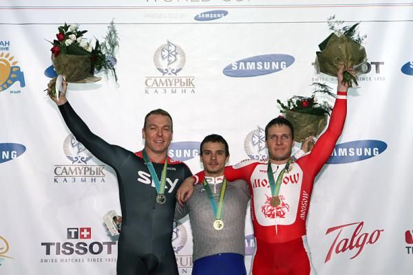 Men's keirin podium (l-r): Chris Hoy (Sky Track Cycling), Christos Volikakis (Greece), Sergey Borisov (Moscow Track Team)