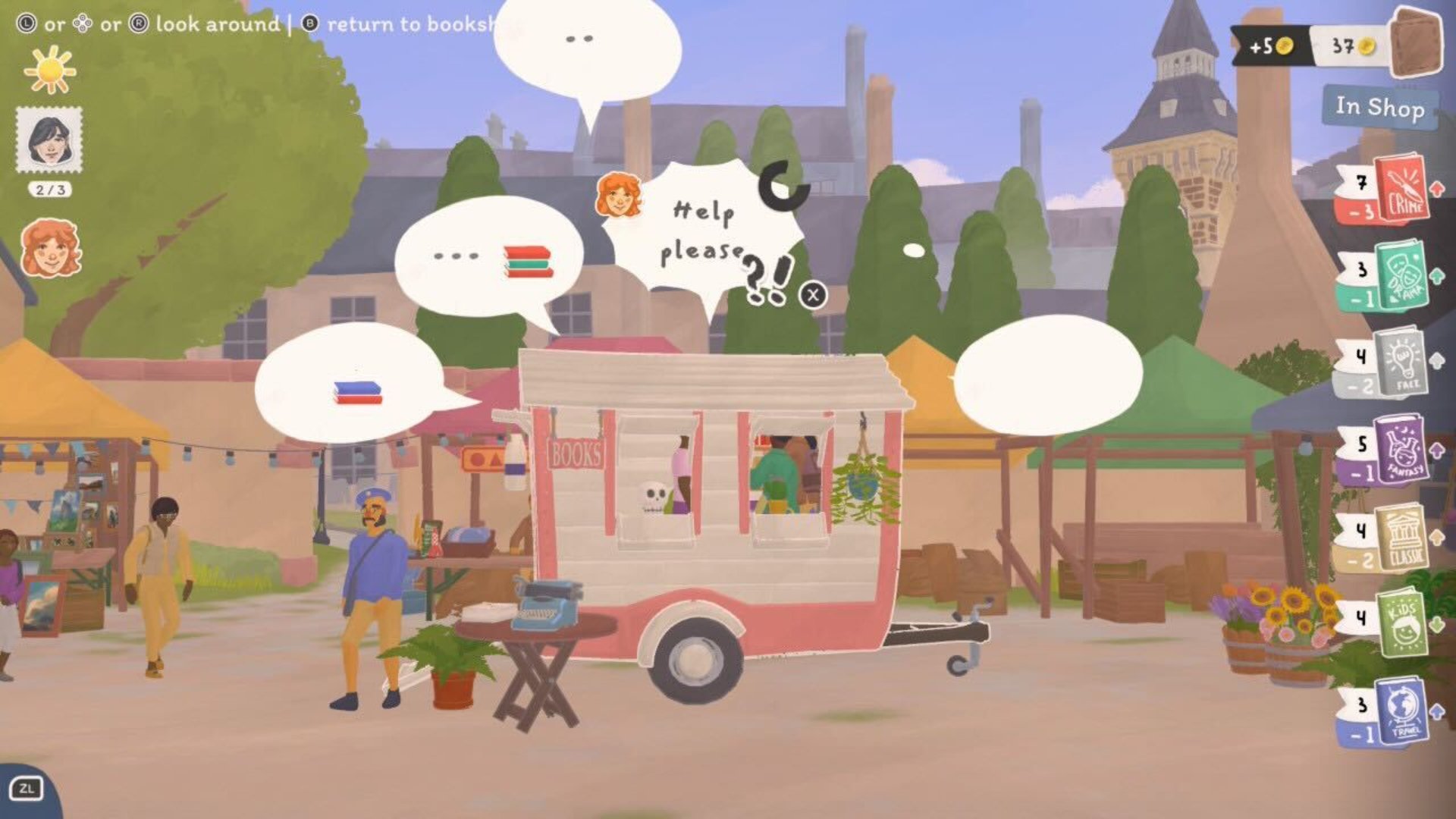 Tiny Bookshop screenshot of the bookshop at a flea market where a customer asks for help with a book recommendation