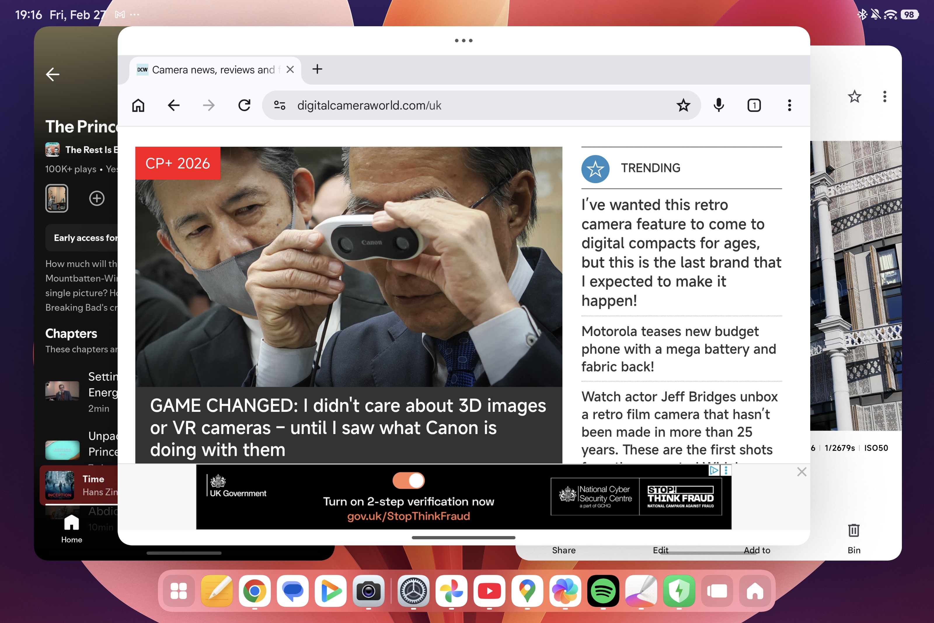 Android tablet app switcher view with the Digital Camera World website open in Chrome, displaying a large headline reading &amp;ldquo;GAME CHANGED: I didn't care about 3D images or VR cameras &amp;ndash; until I saw what Canon is doing with them,&amp;rdquo; alongside a trending sidebar and a government cybersecurity banner ad at the bottom.