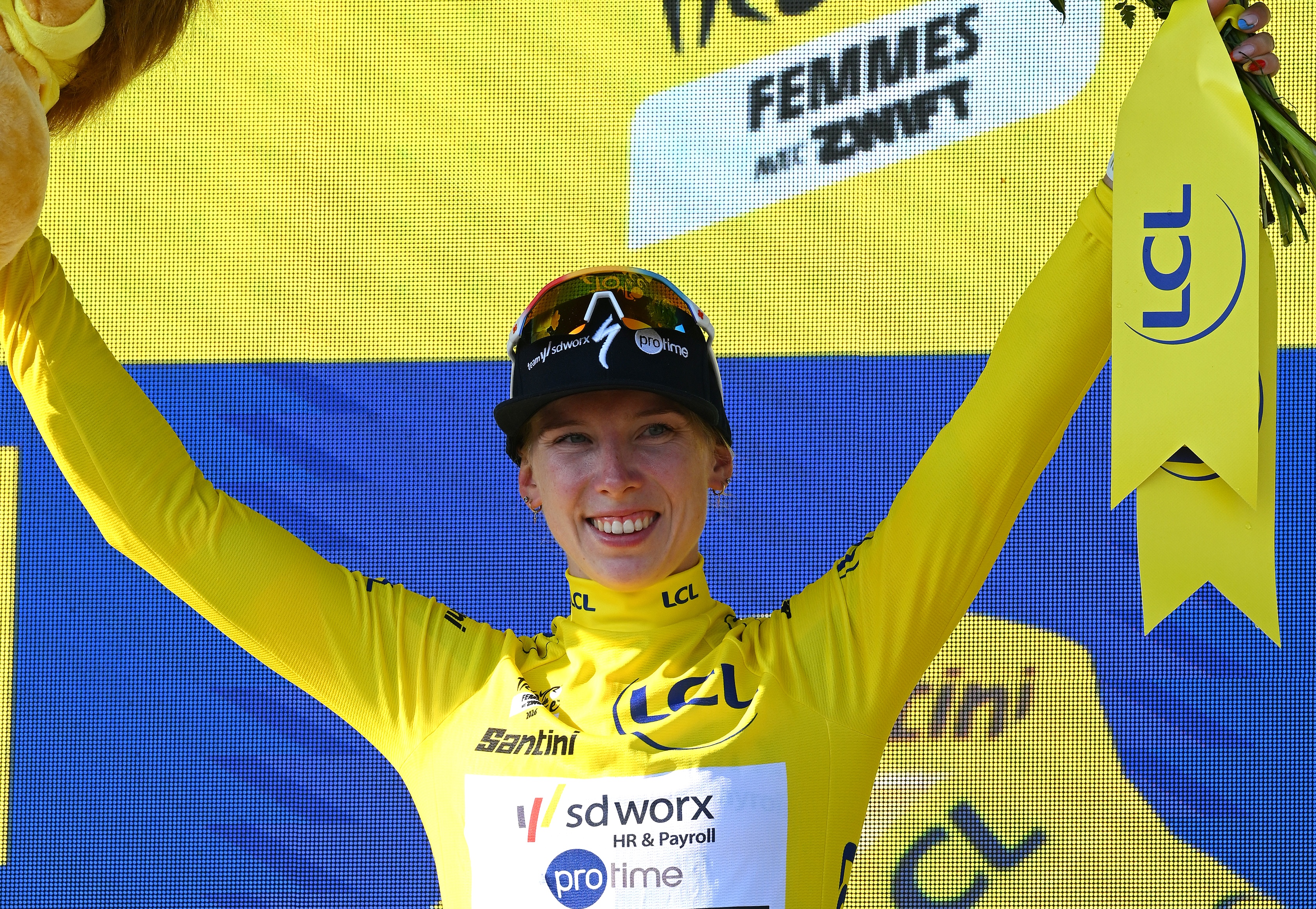 Lorena Wiebes of Netherlands and Team SD Worx - Protime celebrates at podium as Yellow Leader Jersey winner during the 5th Tour de France Femmes 2026