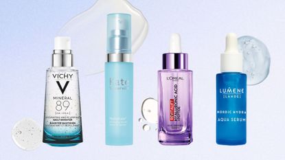Vichy, Kate Somerville, Loreal Paris and Lumene hyaluronic acid serums on a blue background with product swatches