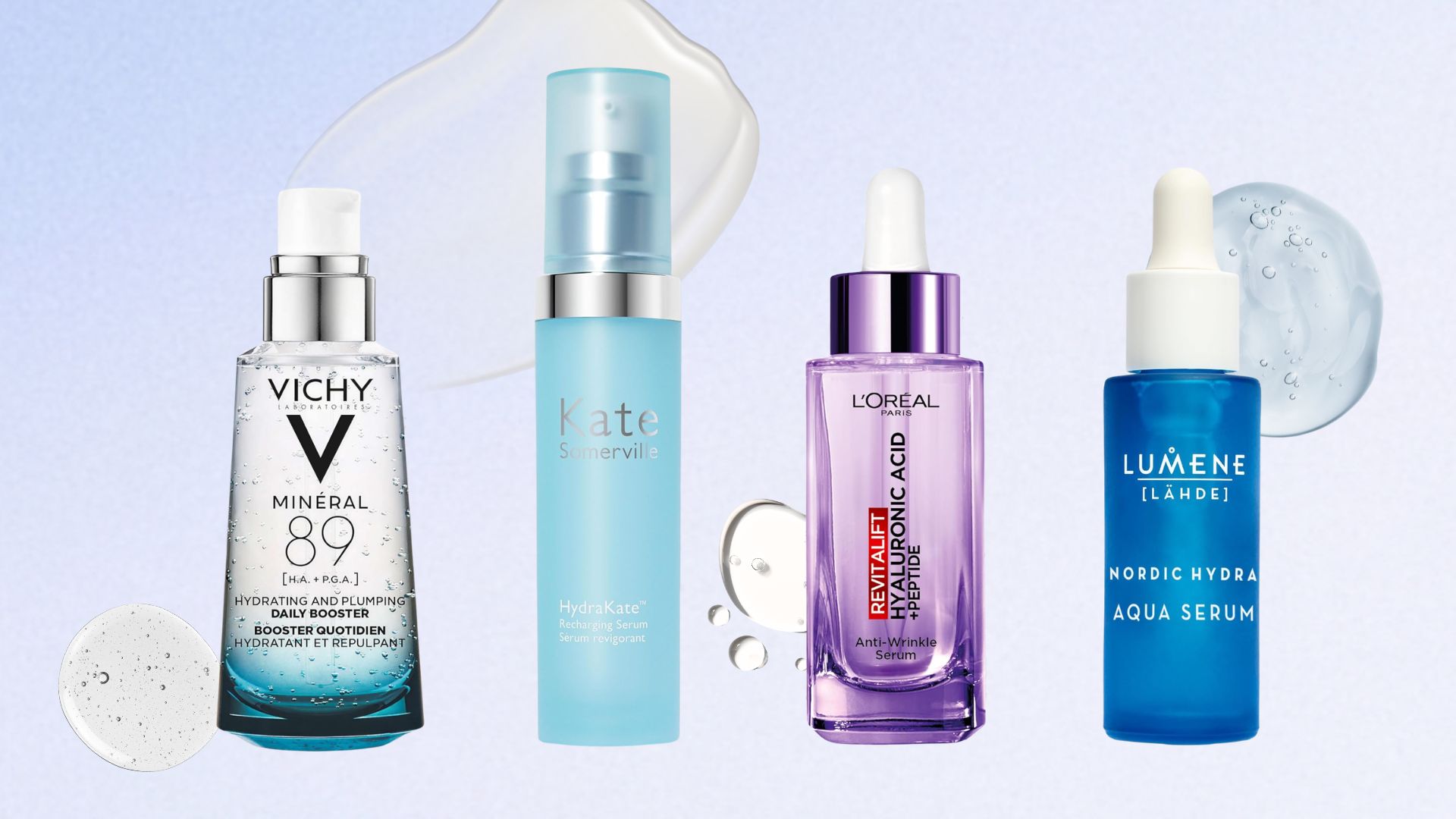 Vichy, Kate Somerville, Loreal Paris and Lumene hyaluronic acid serums on a blue background with product swatches
