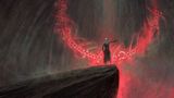 Sauron holds out the One Ring in Mount Doom, with Black Speech runes glowing red around him