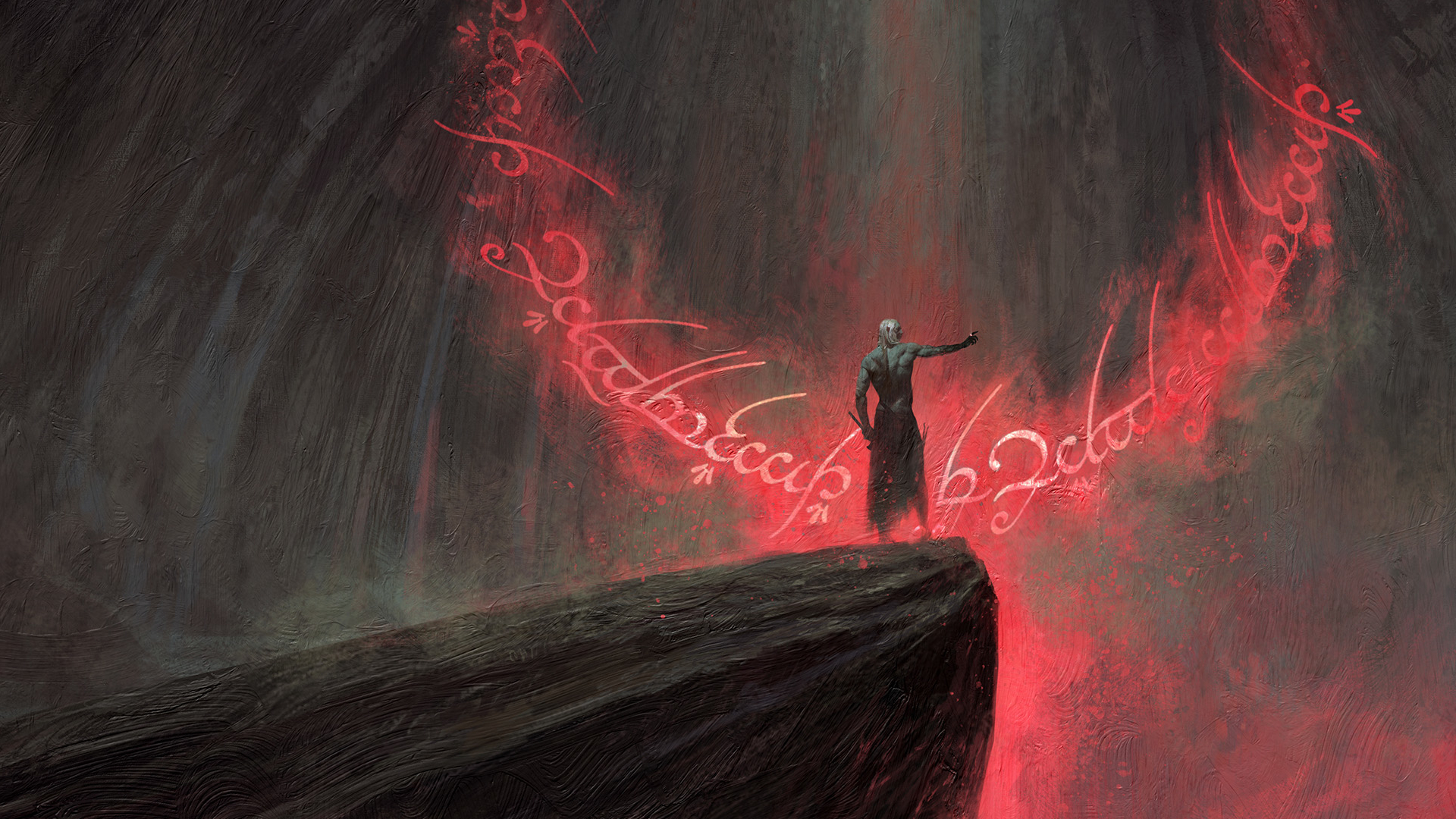 Sauron holds out the One Ring in Mount Doom, with Black Speech runes glowing red around him