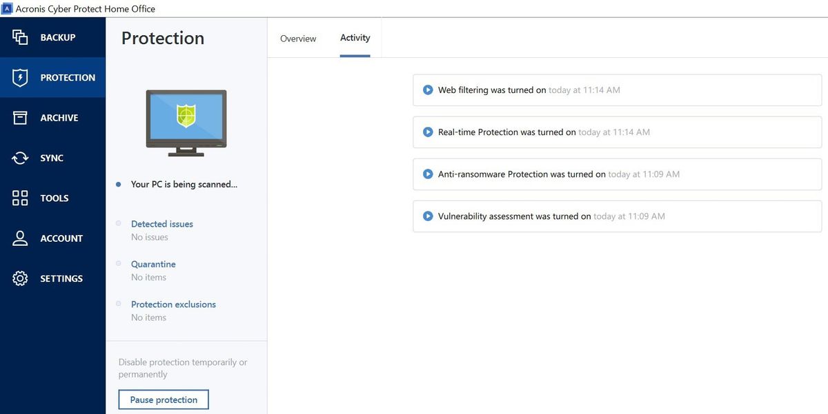 Acronis Cyber Protect Home Office app screen shot