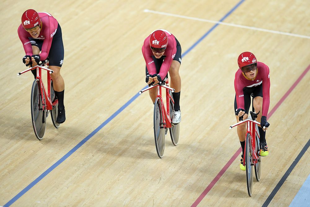 Lasse Norman Hansen, Niklas Larsen, Frederik Madsen and Casper von Folsach of Denmark ride in the Men's Team Pursuit