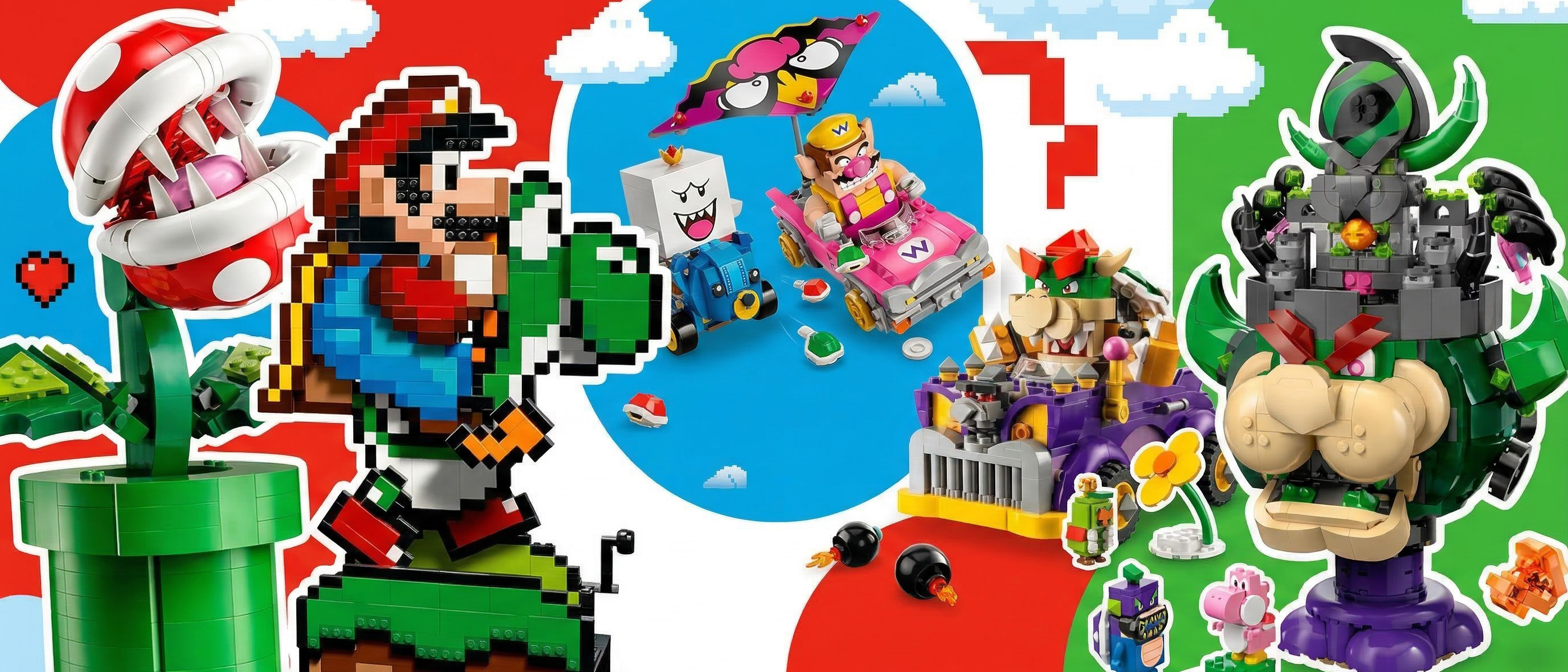 Super Mario Lego sets in front of a colorful background
